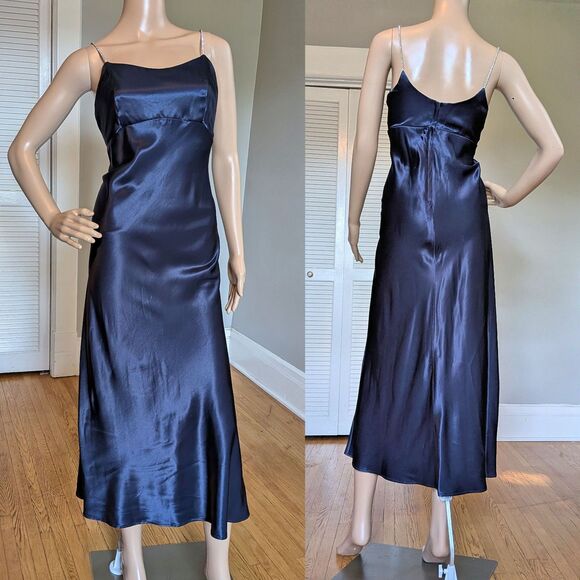Vintage Slip Dress 90s Jessica McClintock Silky Blue Gown Rhinestone Prom 3/4 - Picture 1 of 11